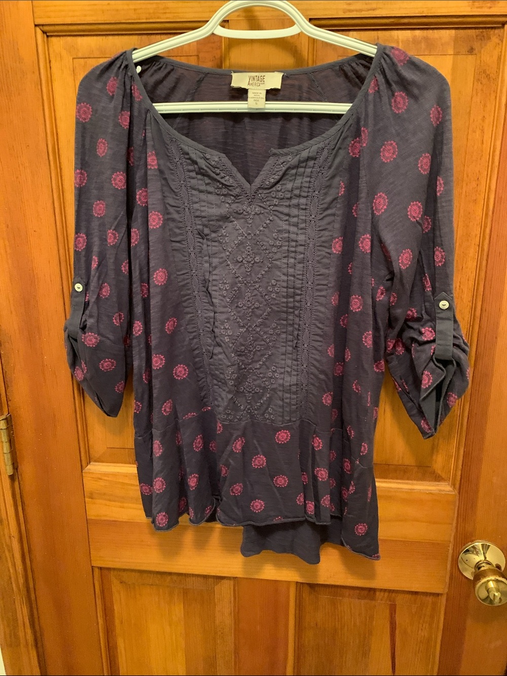 Vintage America Navy Blue Tunic with Pink Floral Motifs